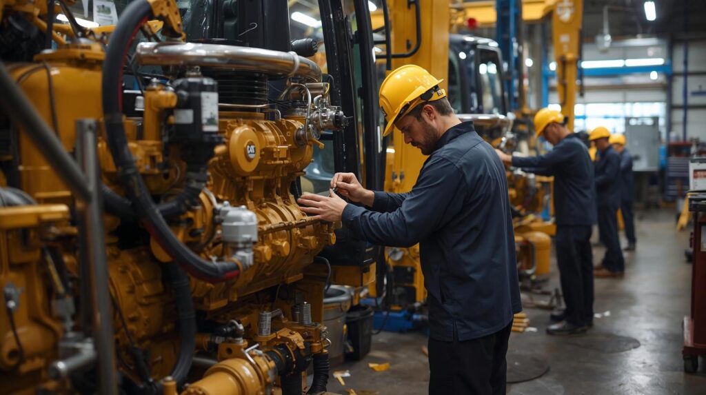 ayúdame a hacer una imagen de personas trabajando en mantenimiento de maquinaria caterpillar