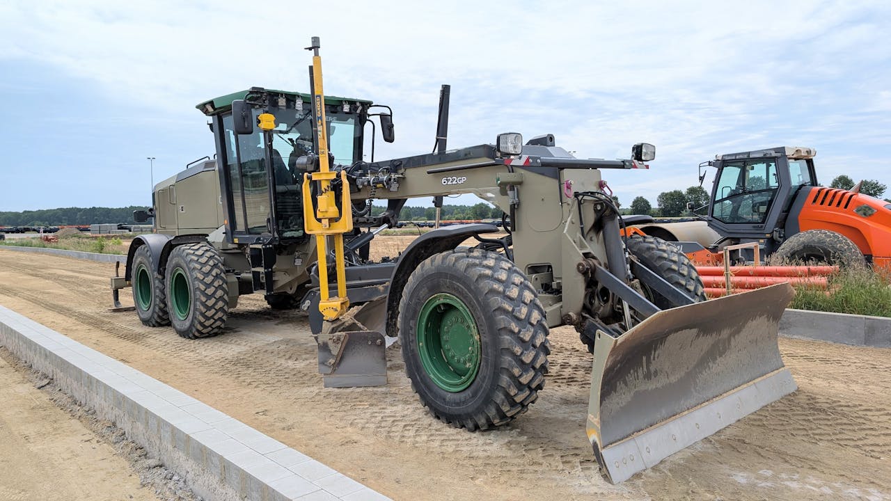 A grader machinery on a construction site in Werlte, Niedersachsen, Germany, ready to work.